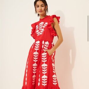 Benjanan Red Maxi Dress with White Patterns